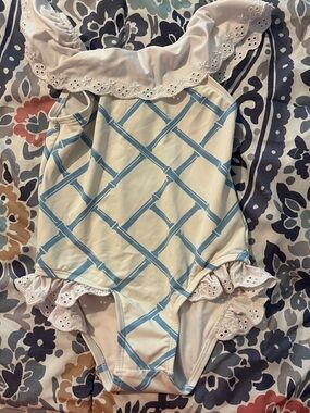 The Beaufort Bonnet Company White and Light Blue Ruffle One-Piece